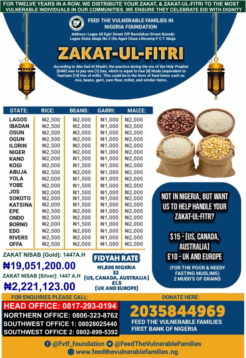 FTVF_Nigeria_F's tweet photo. As we prepare our Eid clothes, fill our fridges, and buy gifts for our kids in anticipation of Eid-ul-Fitr, many indigent Muslims are worried about what they will eat on that blessed day

Your Zakat-ul-Fitr can be a means of relief for them &amp; a source of reward for you. 人 Donate https://t.co/ZB7ozVtiSG