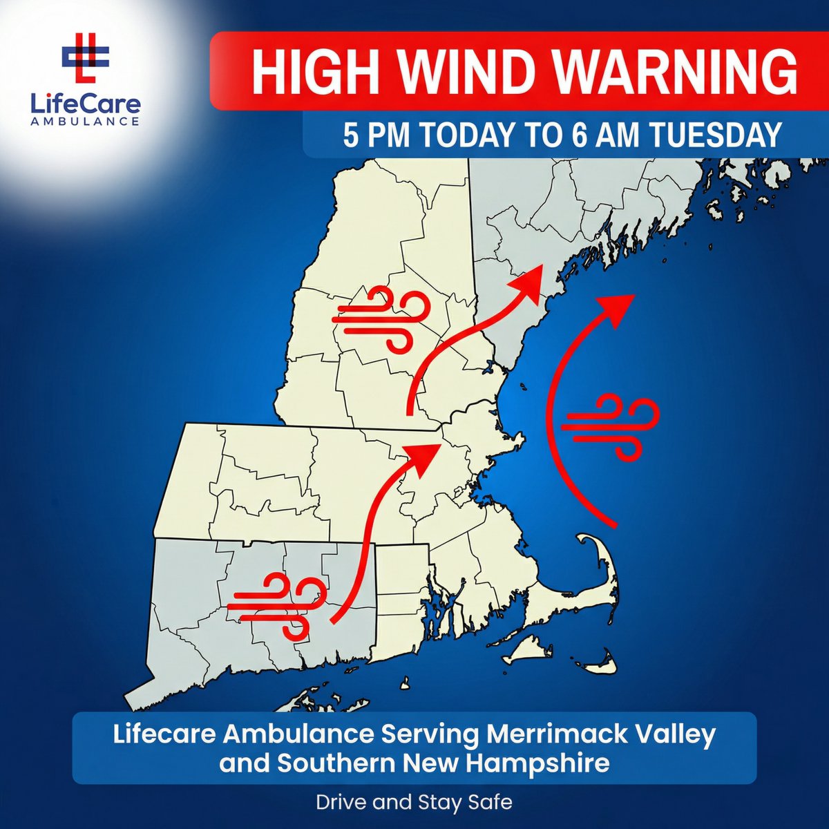 LCANewEngland's tweet image. ***ALERT*** Strong winds of 25-35 mph with gusts reaching 65 mph can cause damage. 🌬️  ...From 5 PM this afternoon to 6 AM EDT Tuesday. WHERE...Portions of eastern, northeastern, and southeastern
Massachusetts🌳 Drive and Stay safe! 
#EMT #EMTLIFE #BLSPartner #EMTTraining