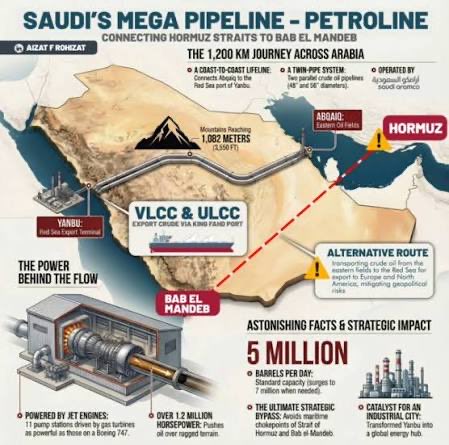 mitchellvii's tweet photo. Saudi Arabia's East-West Petroline is a brilliant engineering marvel!

The Kingdom built this pipeline in the early 1980s to bypass the Strait of Hormuz completely. Oil flows from eastern fields straight to Yanbu on the Red Sea coast.

This forward-thinking move lets Saudi exports continue uninterrupted even if Iran tries to close the strait. Capacity runs millions of barrels daily at full throttle now.

The Petroline neutralizes Iran's biggest leverage play. No more threats to choke global supply from Saudi oil.

The regime's old tactics fall flat. Saudi strategy keeps markets stable and shows real foresight in action.

Thoughts? ⬇️