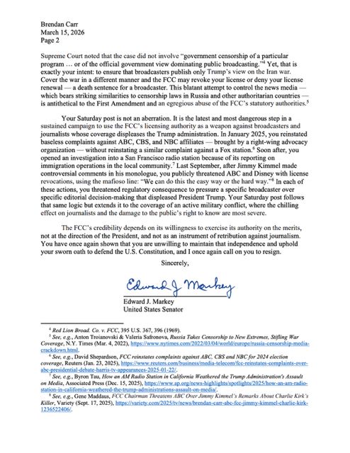 The Federal Censorship Commission is threatening broadcasters who don’t cover Trump’s illegal Iran war the way he wants. Democracies don’t censor the media, authoritarians do. I’m demanding that Brendan Carr resign, now.