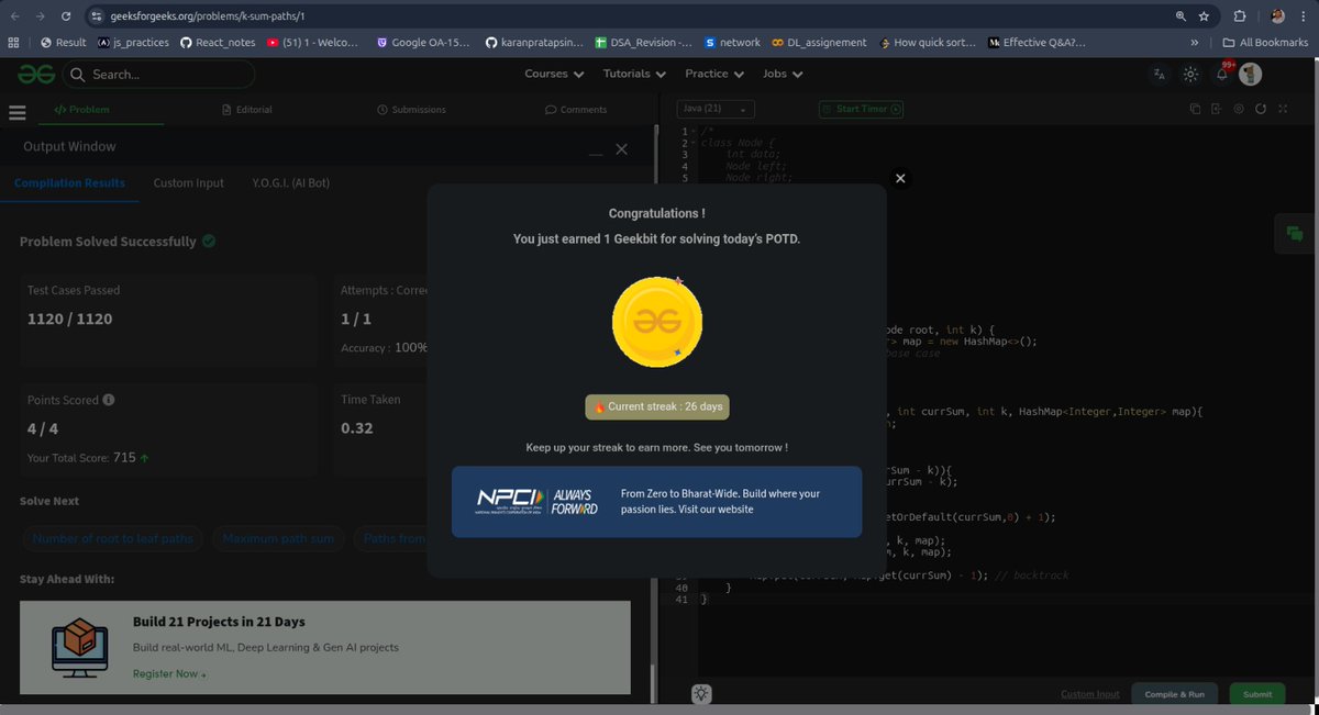 maxcoder143's tweet photo. Hey there .  Today is 26/60 problem solving at gfg. #npci #POTD #geekstreak60 @geeksforgeeks @NPCI_NPCI https://t.co/mXlP6Lbqvm