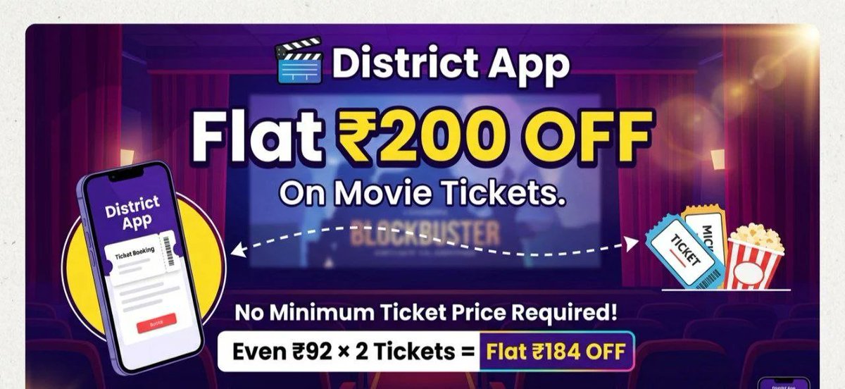 LootMateX's tweet photo. District App : Flat ₹200 Off On Movie Tickets.

Minimum Purchase of 2 Tickets. https://t.co/vxcfG9WhF9