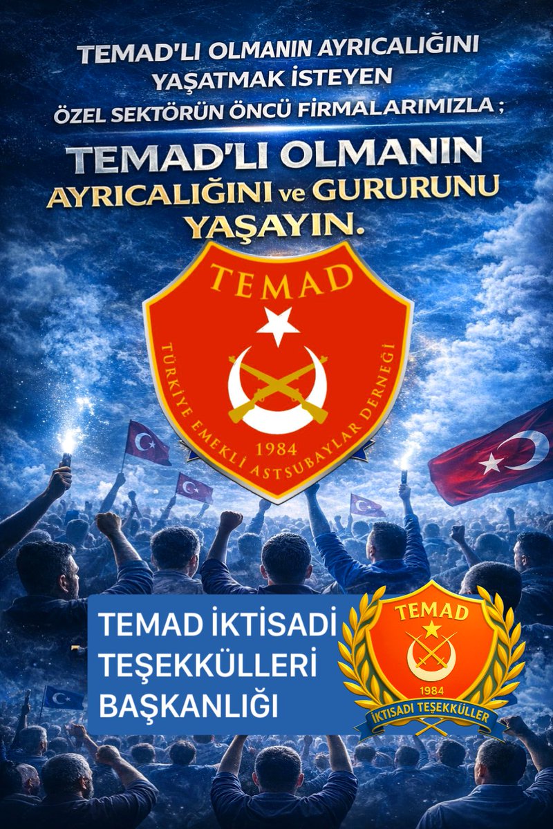 ErolAcar1's tweet photo. TEMAD İktisadi Teşekkülleri Başkanlığımız ve TEMAD şube başkanlıklarımız tarafından **Türkiye genelinde** imzalanan protokollerle, değerli TEMAD üyelerimize ve ailelerine özel ayrıcalıklar sunmak amacıyla anlaşma yapılan firmalarımız paylaşılmıştır:

Bu protokoller sayesinde TEMAD mensubu olmanın ayrıcalığını yaşayabilir, sağlık, eğitim, emlak, turizm, araç servis ve ekspertiz gibi birçok alanda indirim ve öncelikli hizmetlerden faydalanabilirsiniz.

**Ulusal düzeyde imzalanan başlıca protokollerimiz:**

- TEMAD Emlak Gayrimenkul  
- Carringo Servis  
- Otorapor Ekspertiz  
- Medicana Tıp Merkezleri  
- Hattuşa Özel Fizik Tedavi ve Rehabilitasyon Merkezi  
- Hattuşa Vacation Termal Club Otelleri  
- Poyraz Eser - Çağrı Tur Turizm  
- Özel KAF Aile Danışma Merkezi  
- Dünya Göz Hastaneleri  
- Net Eğitim Akademi (Online Eğitim Platformu)  

Ayrıca, **TEMAD şube başkanlıklarımız tarafından bölgesel olarak** imzalanan özel sektör protokolleri de bulunmaktadır. Bu protokoller hakkında detaylı bilgi için bulunduğunuz il/ilçe TEMAD şubesiyle iletişime geçebilirsiniz.

TEMAD ailesi olarak birlik ve dayanışmayla daha nice güzel hizmetlere imza atmaya devam edeceğiz! 🇹🇷

Detaylı bilgi ve güncel listelerimiz için TEMAD İKTİSADİ TEŞEKKÜLLER BAŞKANLIĞI sayfamızı ve TEMAD ŞUBE BAŞKANLIKLARI sayfalarındaki paylaşımları takip etmeyi 
 unutmayınız.

TEMAD İKTİSADİ TEŞEKKÜLLERİ BAŞKANLIĞI.

@TEMADiKT 
@OTORAPOR 
@carringoparts 
@CarringoDoganay 
@hattusa_termal 
@dunyagozlu 
@MedicanaSaglik 

@cahitKoca20 
@temadankara 

@reyhan_savk 
@OzlemOrfi 
@ilhn_64 
@0sergun
@AzizErgn9 
@CBlghn 

@BekirTulu 
@aosmanozkaya84 
@menderes_akkus 
@aydin_bildis 
@NiyaziTRKER35 
@kuzaybodrum 
@Erdognyildiz 
@AhmetCogas  
@NaimBaharr 
@ozdem_salim 
@necatozturan @GaziemirTemad 
@Temad_Usak @OdunpazarTemad 
@TemadBolu
@KarabaglarTemad
@Guzelbahce54898 
 @TemadDalaman
@ramazanmusluk

@kocyasar26  @vuraleml  @KAZUBAY86 @AzizErgn9 @CBlghn  
@hasanbaki74 @reyhan_savk