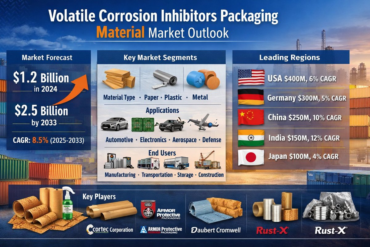 packagingfirm's tweet photo. The VCI Packaging Material market hits $1.2B in 2024, set to reach $2.5B by 2033 at 8.5% CAGR. Automotive, electronics &amp; aerospace driving demand globally.

Read the full report: https://t.co/gBBoJPKhAn

#VCIPackaging #CorrosionProtection https://t.co/Koeuf3zStA