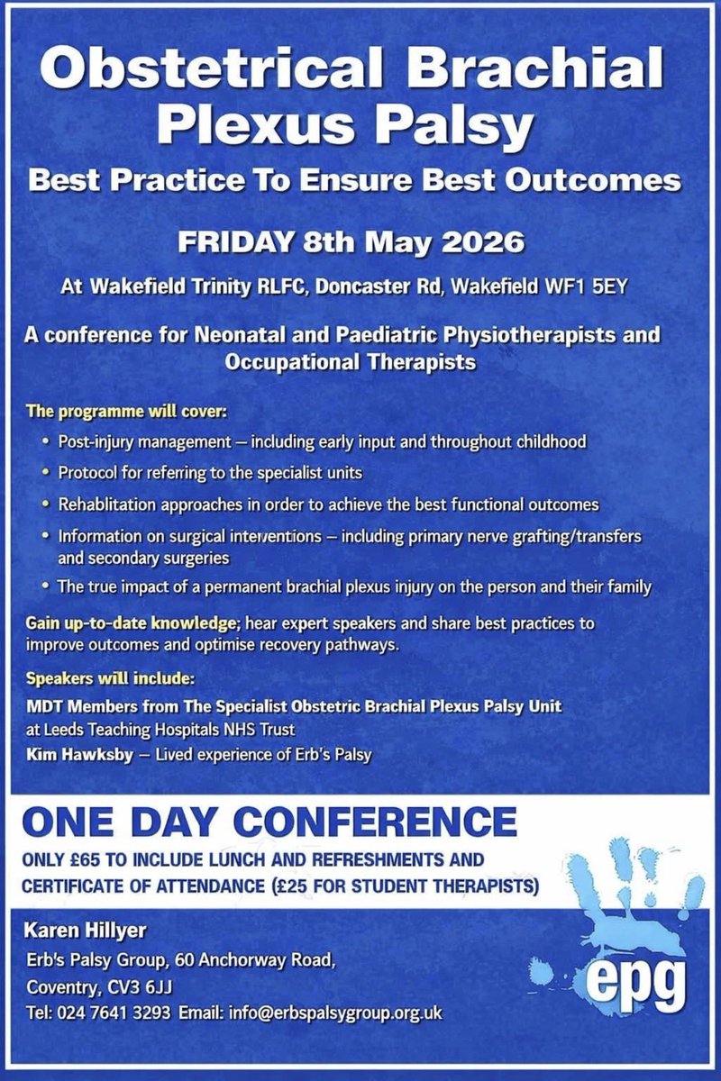 erbspalsygroup's tweet photo. Calling all #Physiotherapists and #OccupationalTherapists The #erbspalsy group study day is fast approaching.
Learn about Erb's Palsy, the affects it has on not only the patient but the family as well, alongside specialists in the field.
Book your space today!
#limitedspaces #cpd https://t.co/YoCQ4yckhL