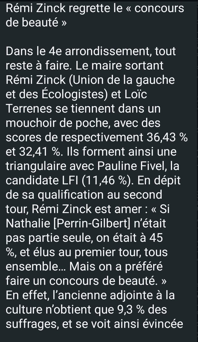 Je découvre les propos du maire écologiste Rémi Zinck dans L’<a href="/CourArriere/">L'Arrière-Cour</a>, comparant la candidature de <a href="/NPG_Lyon/">Nathalie Perrin-Gilbert</a> à « un concours de beauté ».

C’est sexiste, c’est inélégant et c’est irrespectueux du pluralisme.

Tout mon soutien à <a href="/NPG_Lyon/">Nathalie Perrin-Gilbert</a>, dont je salue le score au 1er tour.