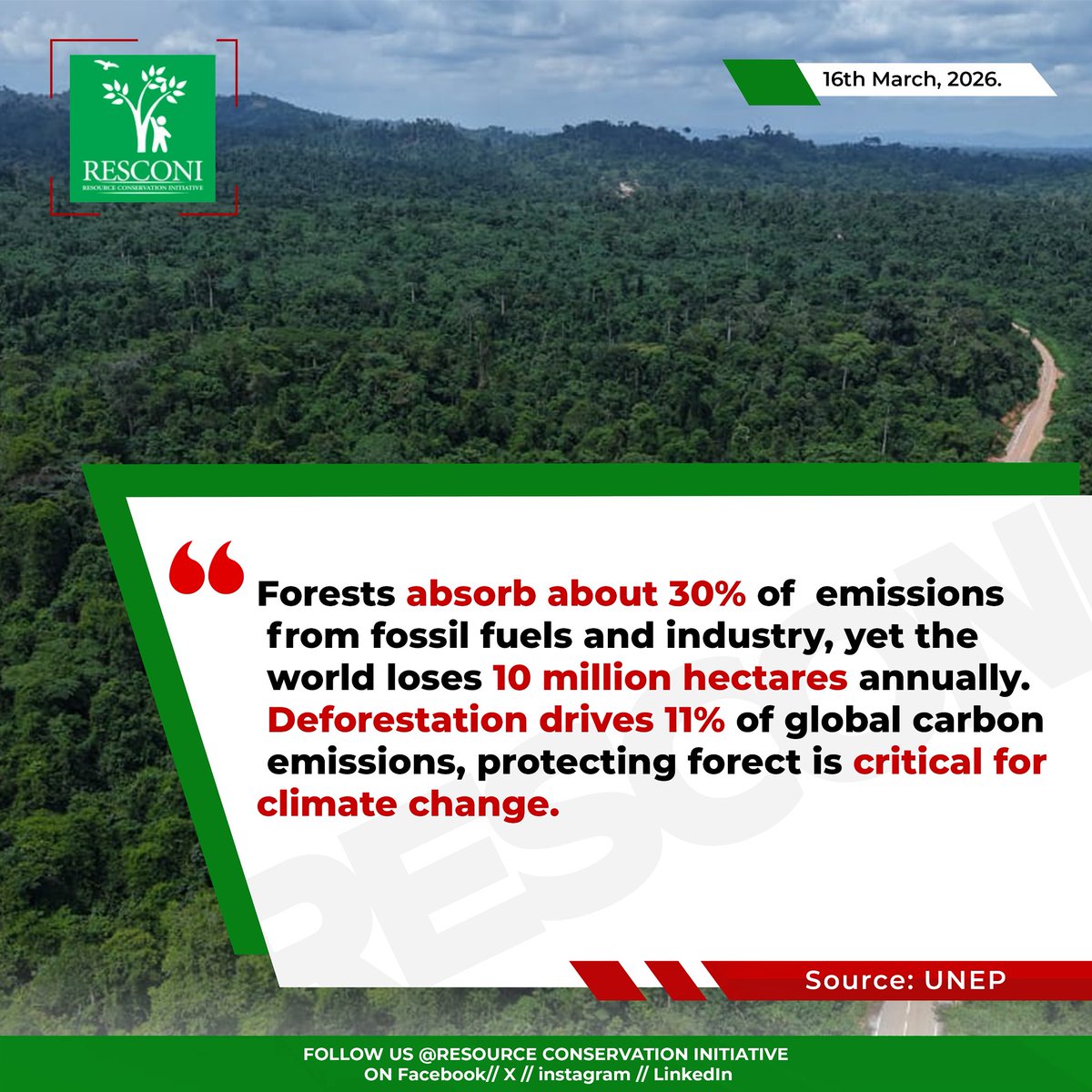 Resconigh's tweet image. Forests absorb about 30% of global carbon emissions, yet the world loses 10 million hectares every year.

Think about that for a second.
Every tree lost means:
• More carbon in the atmosphere
• More extreme climate impacts
• Less protection for future generations

#Resconi