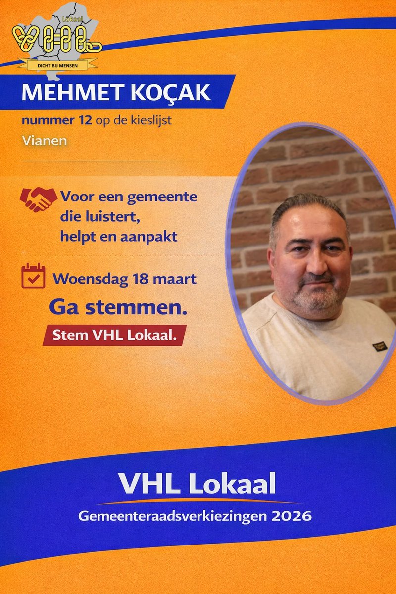 👋 Maak kennis met Mehmet Koçak

Nummer 12 op de kieslijst van VHL Lokaal.

⚖️ Juridische achtergrond
🤝 25+ jaar ervaring sociaal domein
💬 Betrokken bij inwoners

🗳️ 18 maart
Stem VHL Lokaal

#VHLlokaal