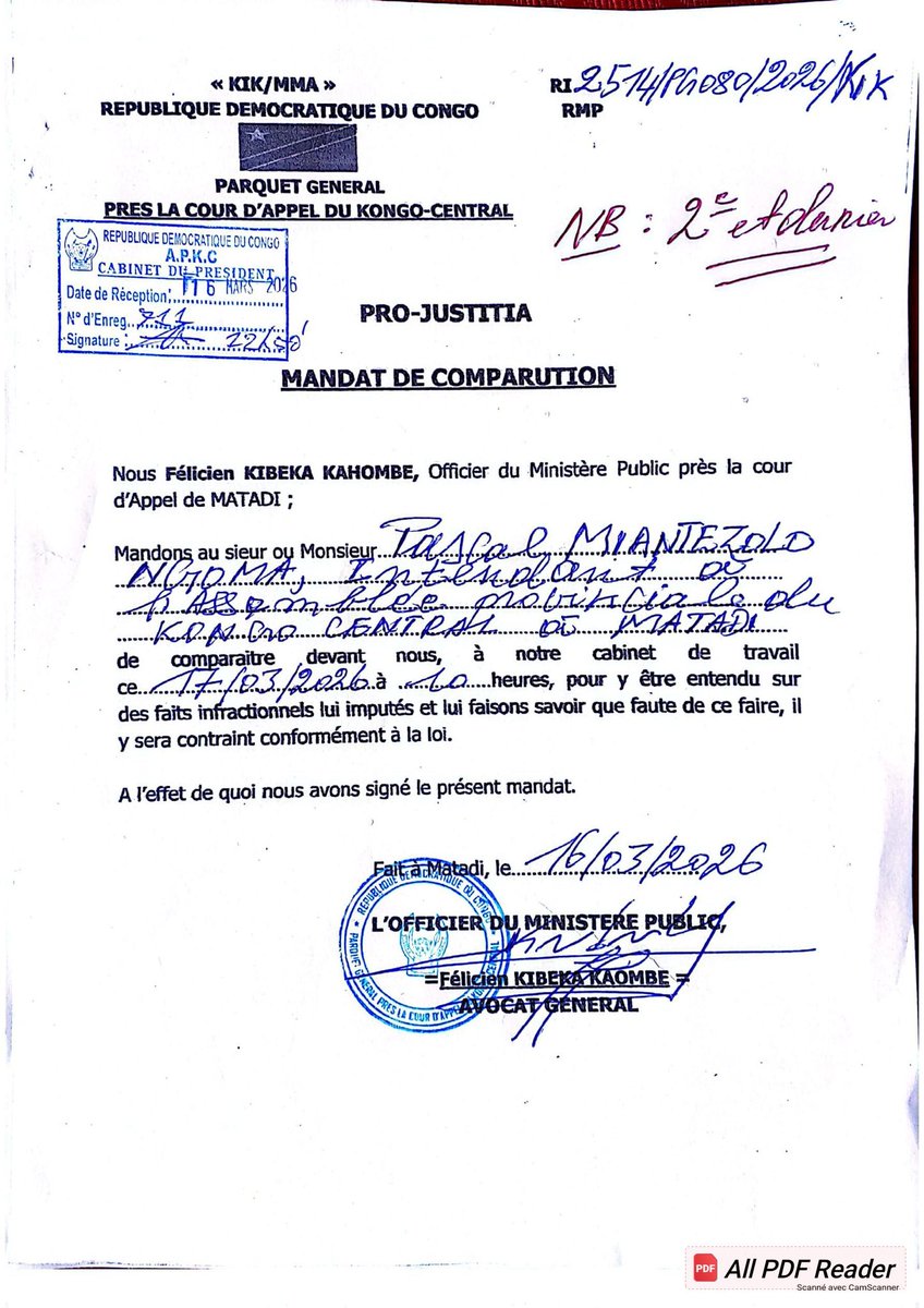 🚨JUSTICE:Mr. Ronald Bikindu et Pascal Miantezolo sont convoqués le 17 mars 2026 à 10 h à Matadi pour être entendus au sujet de faits infractionnels, après une première absence.
En cas de deuxième absence, ils pourront être contraints par la force publique, conformément à la loi.