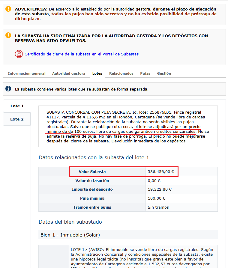 subastas_murcia's tweet photo. ✅ Terminó la #subasta #concursal id. 256876
😎Con #pujasecreta
🌆 LOTE 1. Solar de 4.116 m2 en El Hondón - #Cartagena ⤵️
➡️ Valor: 386.456 €
➡️ Precio mínimo: 100 €
🙋 El mejor postor ofreció 1.000 € ⤵️
👩⚖️ La #LAJ lo adjudicará por ese precio
👉https://t.co/njL9kmCY4M https://t.co/3OVBSY3Rlu