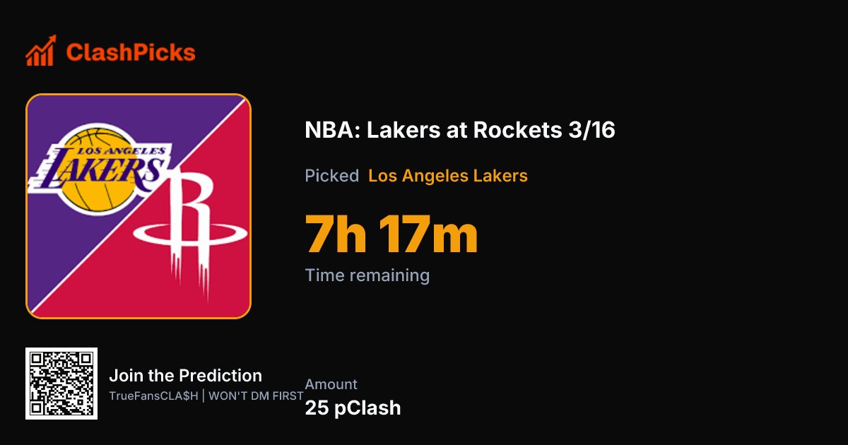 Lakers @ Rockets is TONIGHT!🏀🔥

West showdown alert! Fresh off that OT thriller vs Denver, LeBron + Luka looking to steal the 3rd seed spot in Houston...Rockets hungry at home!🚀

Who are you picking? Predict now using $CLASH $SOL or free to claim pClash clashpicks.com/event/nba-lake…