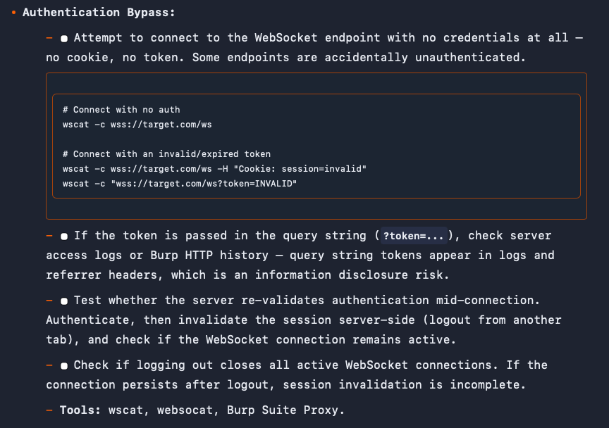 hetmehtaa's tweet photo. WebSocket Security Testing Checklist

https://t.co/zebkK4iCYh https://t.co/qj4xQP3KQv