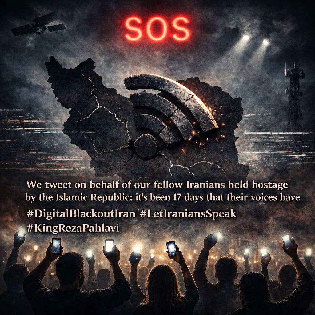 PersiaMonarchy's tweet photo. 90 Millions are cut off from the world during a digital blackout while people’s lives may be at risk. 🆘
@elonmusk @Starlink @LindseyGrahamSC
ما در دنیای آزاد به جای هم‌وطنان‌مان که گروگان ج ا هستند توییت می‌زنیم!
#DigitalBlackoutIran
#KingRezaPahlavi 🌍📡 https://t.co/aUHsIT1IIV