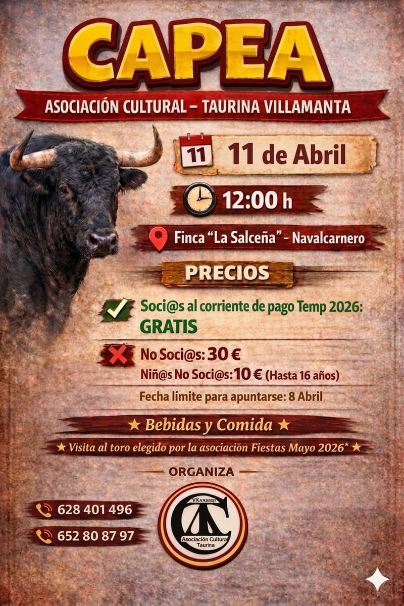 ¡¡Nos vamos de Capea !!Vente a disfrutar de un día de campo lleno de diversión, amigos y buen ambiente.

📆 11 de Abril
📍Finca La Salceña( Navalcarnero)
⏰ 12:00

🐂🎉 Visitaremos el Toro elegido para las fiestas de Mayo.

¡¡ No te lo puedes perder !! 

Contácta con nosotros.