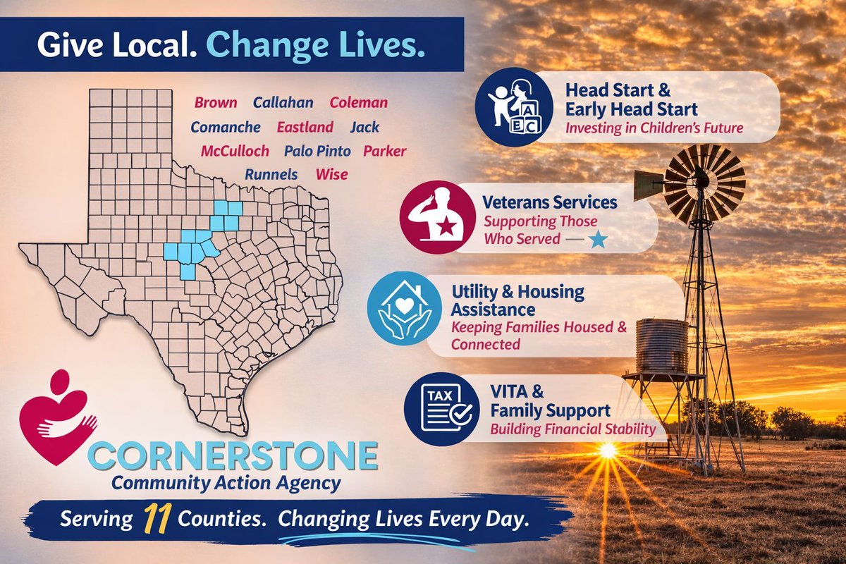 Give local. Change lives. Cornerstone Community Action Agency serves 11 Texas counties through Head Start, Veterans Services, Utility &amp; Housing Assistance, VITA, and family support. Help us keep showing up for our communities. Donate today: zeffy.com/en-US/donation…