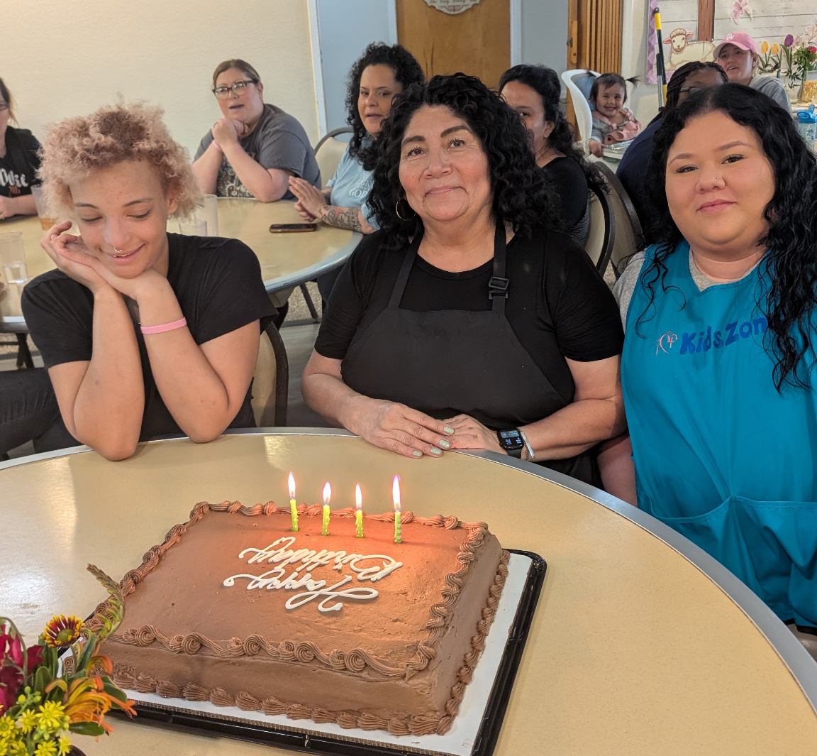 Happy March birthdays. (L to R) A brand new shelter guest, Cynthia, our cook, and Mary, our KidsZone assistant. We celebrate their special days. The moment was especially meaningful for our new guest who had only been here for an hour.