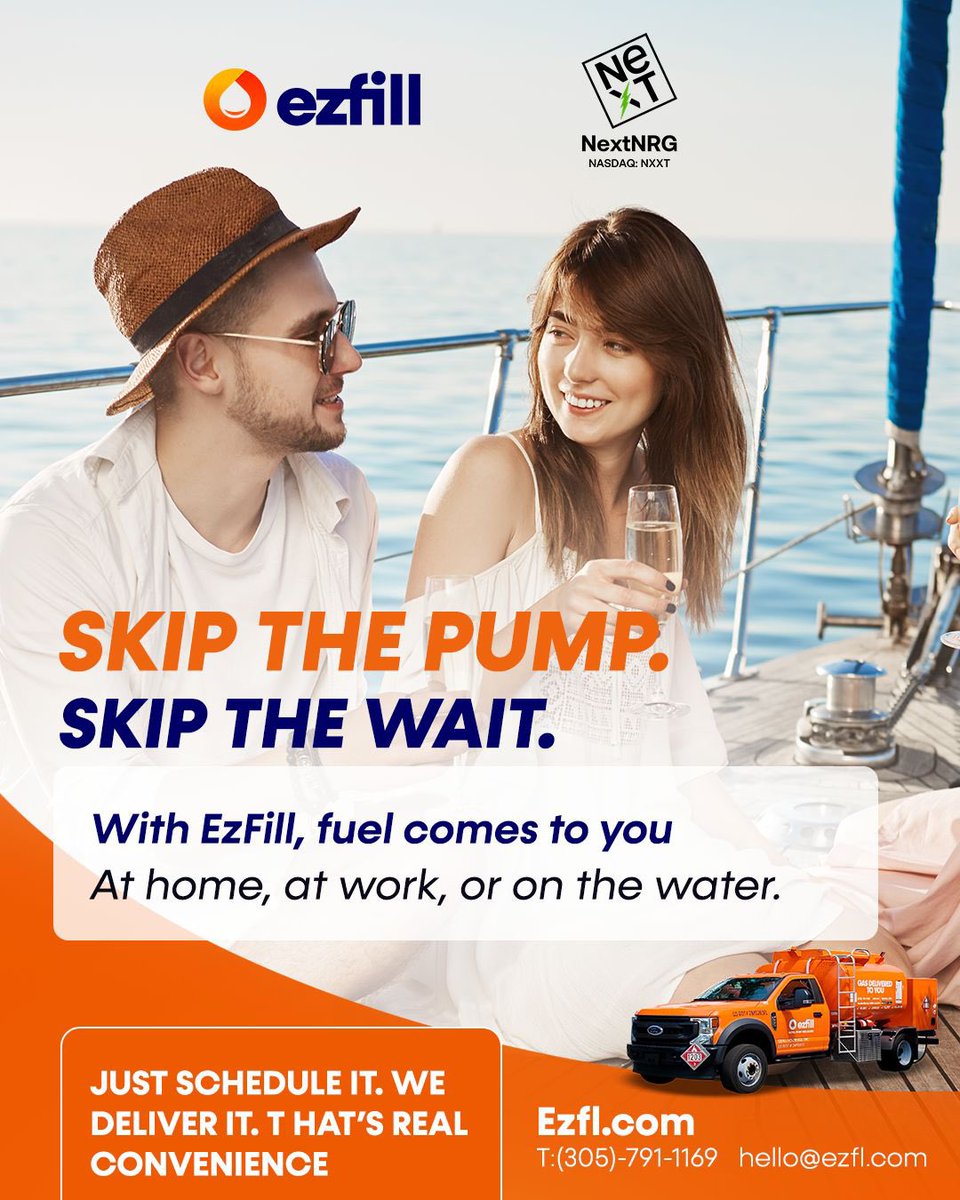ezfillgas's tweet photo. ⛽🚚 Skip the pump. Skip the wait.

Fuel delivered to your home 🏡, office 🏢, or boat 🚤 with EzFill. 

✨ Schedule it
🚚 We deliver it
✔️ Real convenience

Download the app &amp; fuel the smarter way.
$NXXT
#EzFill #FuelDelivery #SkipThePump #OnDemandFuel #MiamiLife https://t.co/IUaluZOBpP