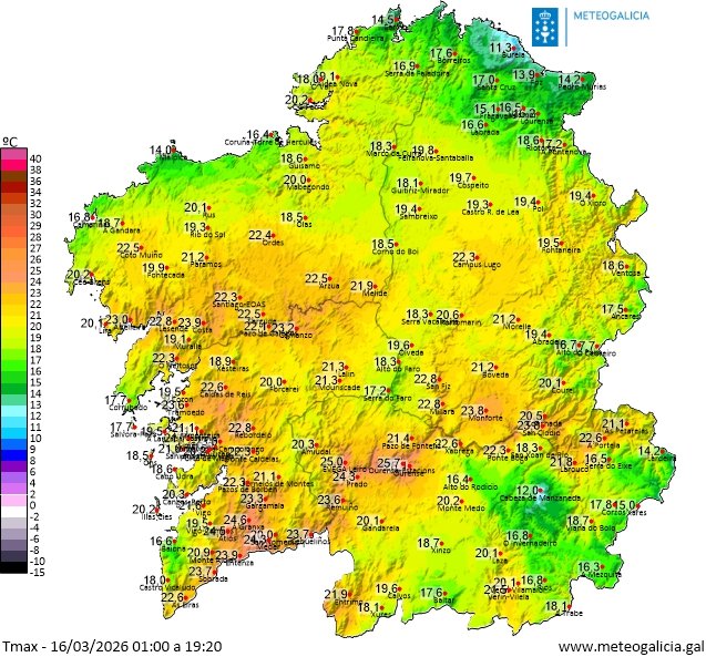 MeteoBrais1's tweet photo. Máximas elevadas en el centro y en el sur de #Galicia, con registros de 22 y 24⁰

🥵 #Leiro, #Ourense, #Rivadavia y #Ponteareas llegaron a los 25⁰

📈 Mañana se mantienen en el centro/sur y suben el litoral norte con viento del sur/sureste, con máximas de más de 22 a 26⁰ en muchos puntos. Por la tarde irán llegando nubes⛅, preferentemente altas