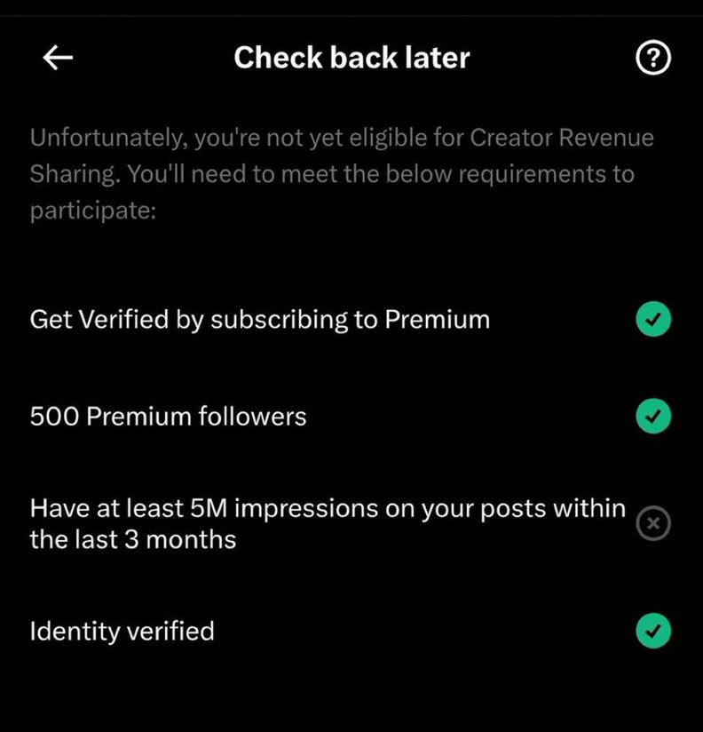 My blue tick expires today and I subscribe it again. Today make it 32 days that I'm actively liking and engaging others but I can't achieve 5m impression. If you see this post help🙏. I need to achieve this before next 2weeks.