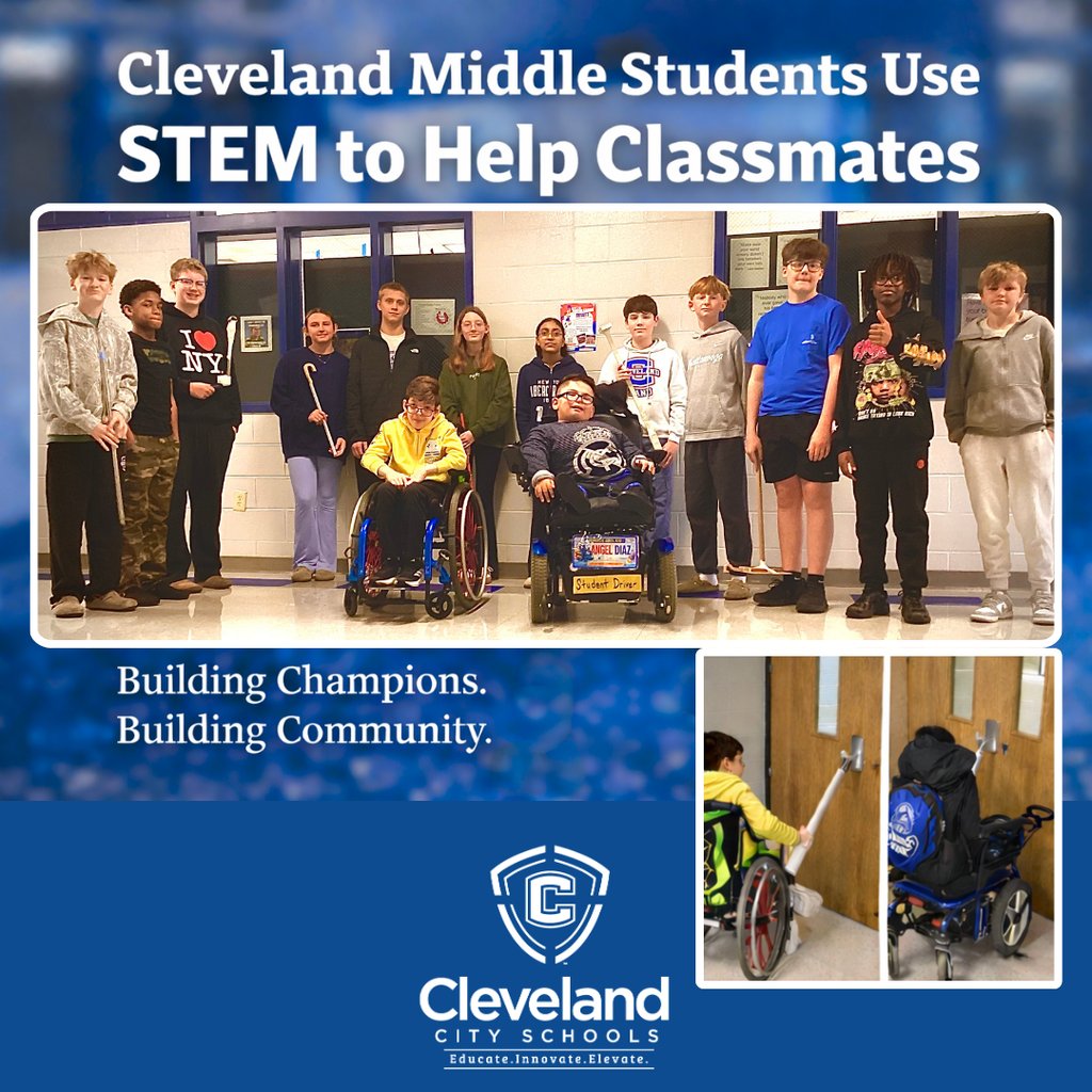 clevecityschool's tweet image. 🔬 STEM with heart at Cleveland Middle School.

Students designed tools that help classmates who use wheelchairs open doors more easily around campus. 💙

#BuildingChampions #BuildingCommunity #ChooseCleveland