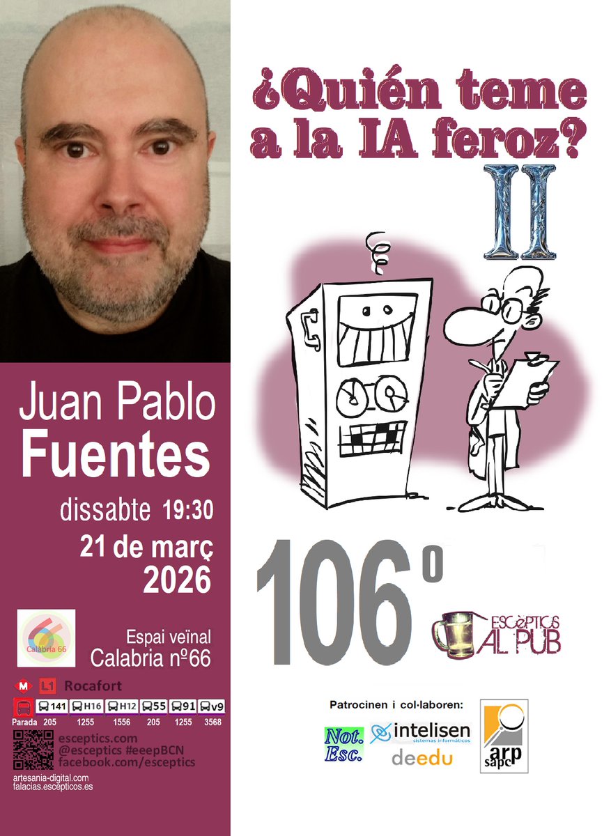 esceptics's tweet photo. Todo el mundo invitado al  106 eeepBCN: ¿Quién teme a la IA feroz? Segunda parte https://t.co/R8FGSsUced