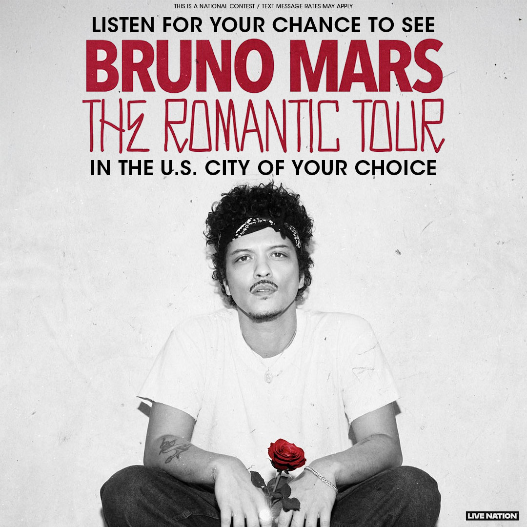 WHRP941's tweet photo. Bruno Mars is returning to the stage with The Romantic Tour &amp; we want to send you to see him in the U.S. city of your choice! We’ll cover the flights, hotel &amp; tickets. All you have to do is pick the place. Listen weekdays for the text keywords for your chance to win! https://t.co/hJp2kmzhYC