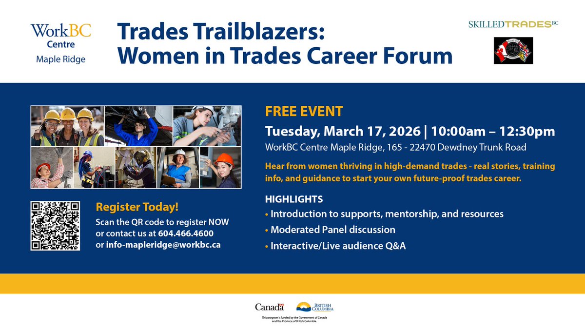 We'll be at the Trades Trailblazers: Women in Trades Career Forum event tomorrow at the WorkBC Centre in Maple Ridge. Come down, say hi and learn more about a rewarding career in the trades! There are plenty of supports and resources available for women who are interested.