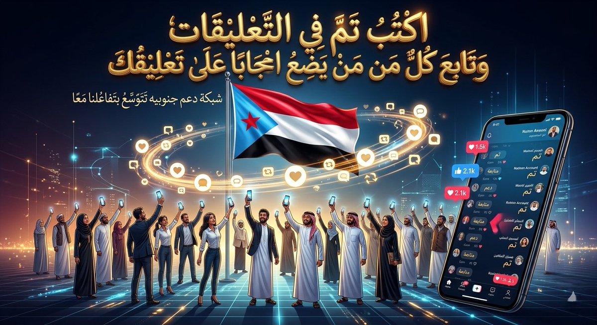 الآن أضخم حملة لدعم المغرد الجنوبي ✊💙
لنكن يداً واحدة في الفضاء الرقمي 🤝📲
​المطلوب ⬇️

1️⃣ رتويت لهذه التغريدة 🔄
2️⃣ علق بـ "تم" ✍️

​💡 القاعدة الذهبية
من يضع إعجاباً لتعليقك تابعه فوراً وسيرد الإضافة 🔃🔥