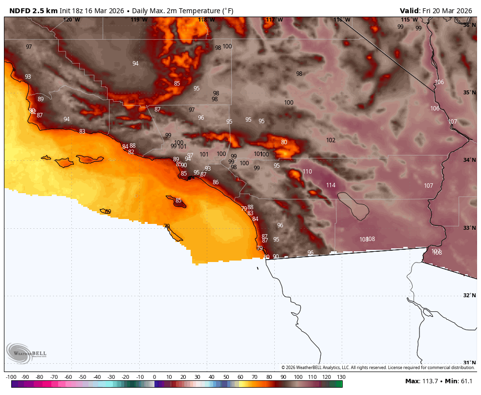 US_Stormwatch's tweet photo. This week’s Western US heatwave is truly one of the most extraordinary heatwaves in US history.

Thermal, CA (Coachella Valley) is forecast to hit 114°F Friday, obliterating the US March record of 108°F and possibly surpassing the US April record of 113°F.

It's March 20. https://t.co/UXISQQUe5l