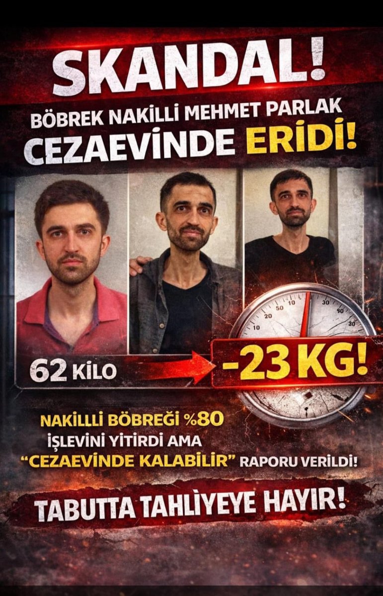 Adalet, insan hayatını korumakla başlar.
Sincan CİK’te tutulan ağır hasta KHK’lı Mehmet Parlak için artık susmak suça ortak olmaktır.
Bir insan 40kiloya düşmüşse, tek böbreği %30 çalışıyorsa,o insanın yeri cezaevi değildir.

KHKZulmü NeZamanBitecek 
#KadirGecesiÖzel