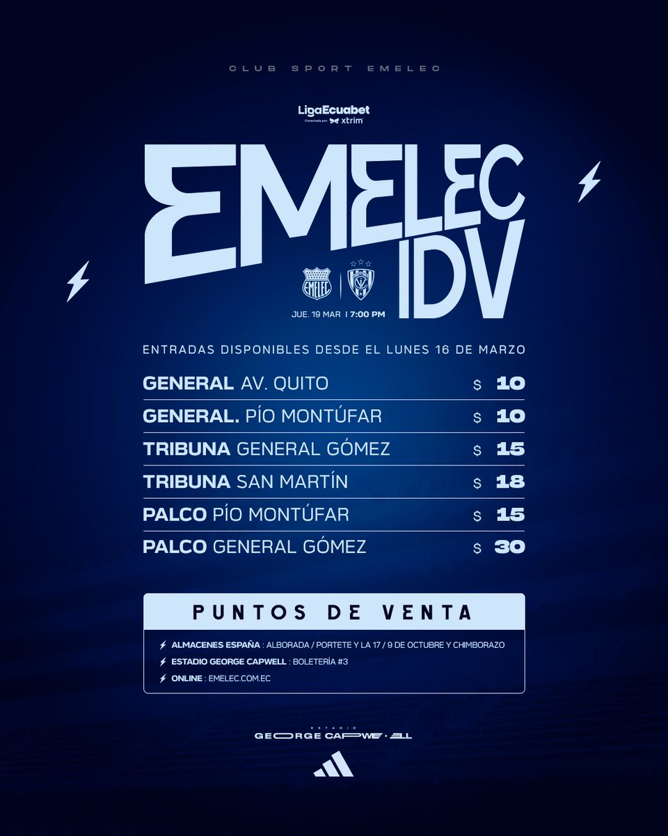EL BOMBILLO JUEGA EN CASA. ⚡️
Que se sienta la hinchada emelecista.

🏆 LigaPro Ecuabet conectada por Xtrim
🆚 Independiente del Valle
🏟️ Estadio George Capwell
⌚ 19H00

Adquiere tus boletos en: 
🏢 Almacenes España 
🏟️ Boleterías del Estadio 
💻 emelec.com.ec