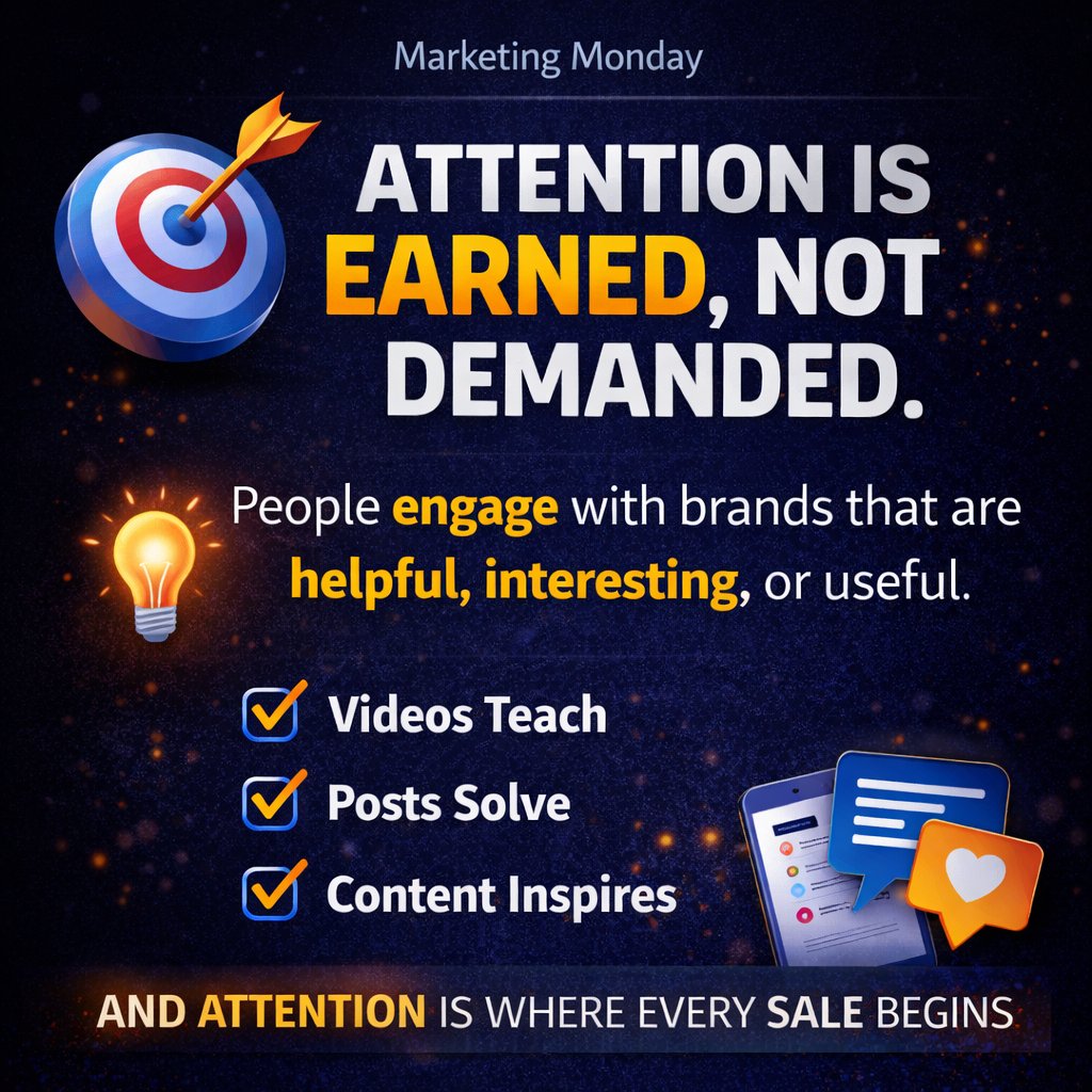 ✅ Monday – Marketing Monday

Attention is earned, not demanded.

People don’t follow brands because they exist.
They follow brands that are helpful, interesting, or useful.
If your content only says “buy from us,” people scroll past.

But if your content teaches something,