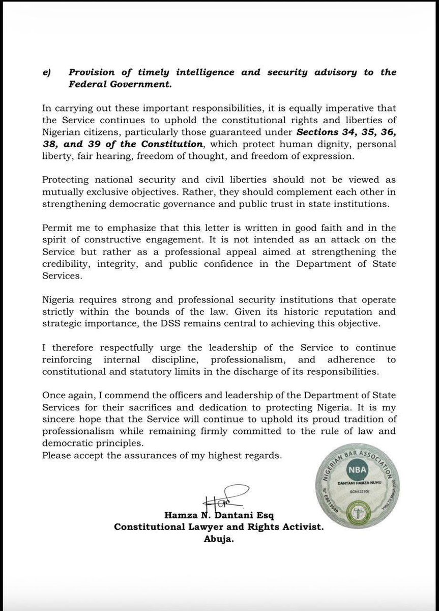KyTebo's tweet photo. With the help of barrister Nuhu Hamza Dantani, a petition has been filed against the DSS for their human rights violations in Nigeria. 

#NoMoreDSS
#TinubuMustGo
#ProtectNigerians https://t.co/a5EKrfr8iR