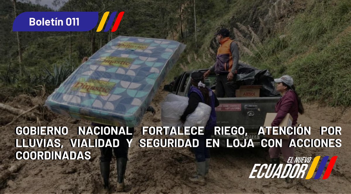 📰[BOLETÍN]

Gobierno fortalece riego, atención por lluvias, vialidad y seguridad en #Loja

✅USD 2,4 millones en proyectos de riego.
✅1.579 kits de asistencia humanitaria entregados.
✅Trabajos para mantener la conectividad.
✅1.155 operativos

🔗Más: acortar.link/DPTmV5