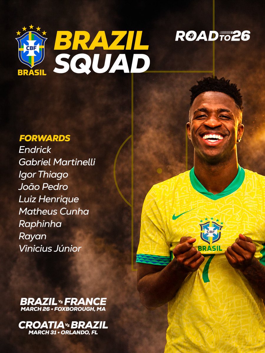 The Canarinha is ready. 🇧🇷

Brazil squad for our Road to 26 matches has been called.
 A new chapter begins on American soil.
This is Brazil. This is our time.

👉 Get your tickets now at Roadto26.com