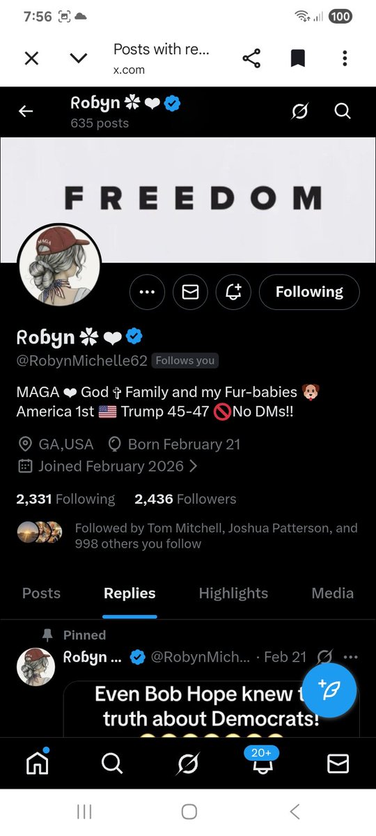Can we find this patriot some new connections 
GOD,COUNTRY, MAGA 
<a href="/RobynMichelle62/">ᖇօɓყn ✿ ❤︎︎</a> 
F&amp;R
🇺🇸