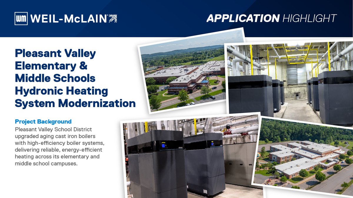 WeilMcLain's tweet image. Application Highlight: Pleasant Valley School District, PA. Pleasant Valley Elementary &amp;amp; Middle Schools modernized aging #boiler infrastructure with a new high efficiency #HydronicHeating system delivering reliable comfort.
weil-mclain.com/application/pl…