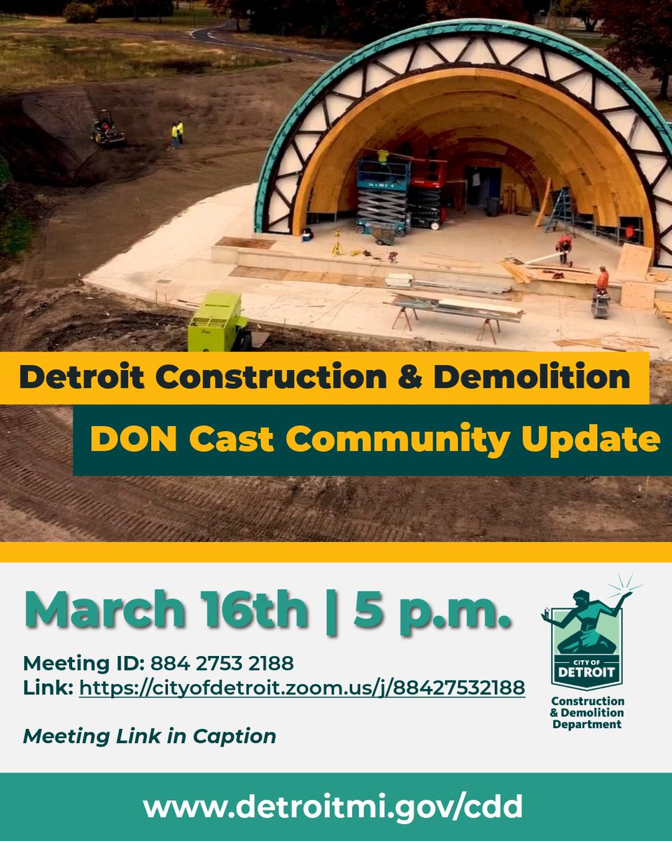 DetroitCDD313's tweet photo. Join us TODAY at 5 PM for a Don Cast Community Update with the Department of Neighborhoods. 

🗓 When: Monday, March 16
⏰ Time: 5PM

Join meeting link here: https://t.co/nMHqfisfa2 

Conference Call Number:
(312) 626-6799 | (346) 248-7799

Meeting ID: 884 2753 2188 https://t.co/kgiw7jgHux