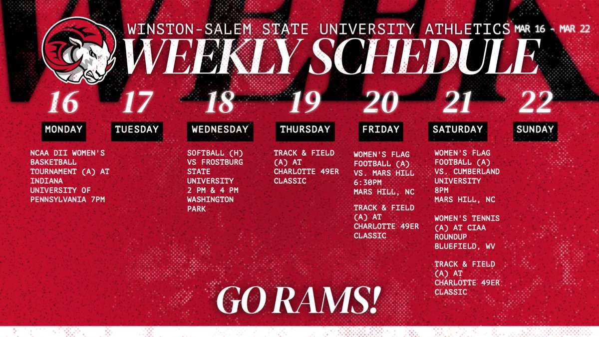 WSSU_Athletics's tweet image. A BIG WEEK for Ram Athletics! 🔴⚫️ 

From the NCAA DII Tournament to flag football, track, softball, and tennis — our Rams are everywhere. Let's go! #GoRams #RamsUp #WSSU