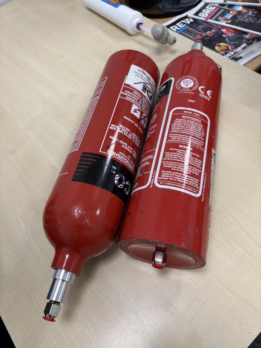 Used CO2 fire extinguishers up-cycled for a new job - cutting CO2 waste. Seems fitting. ♻️💨