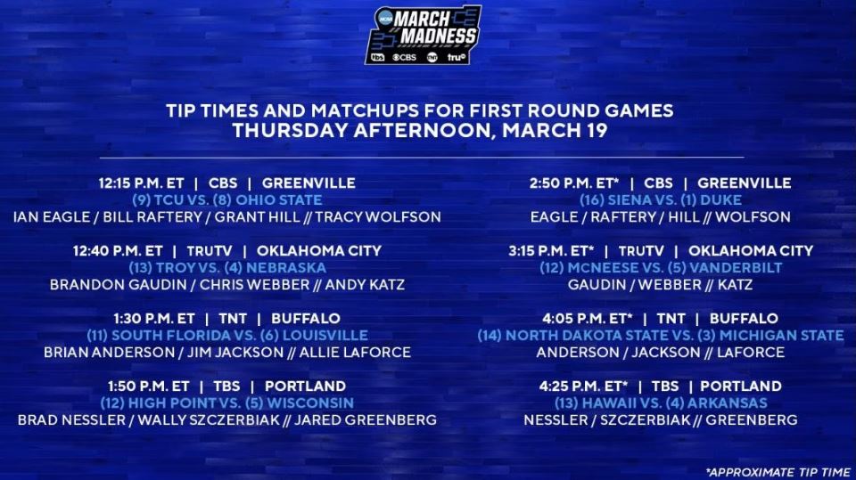 WarriorInsider's tweet photo. Television schedule announced for Thursday’s First Round of the NCAA Tournament:
 
@HawaiiMBB vs. Arkansas will air on TBS, starting at approximately 1:25 p.m. Pacific Time (10:25 a.m. Hawai’i Time) https://t.co/D1wJgDu4Z6