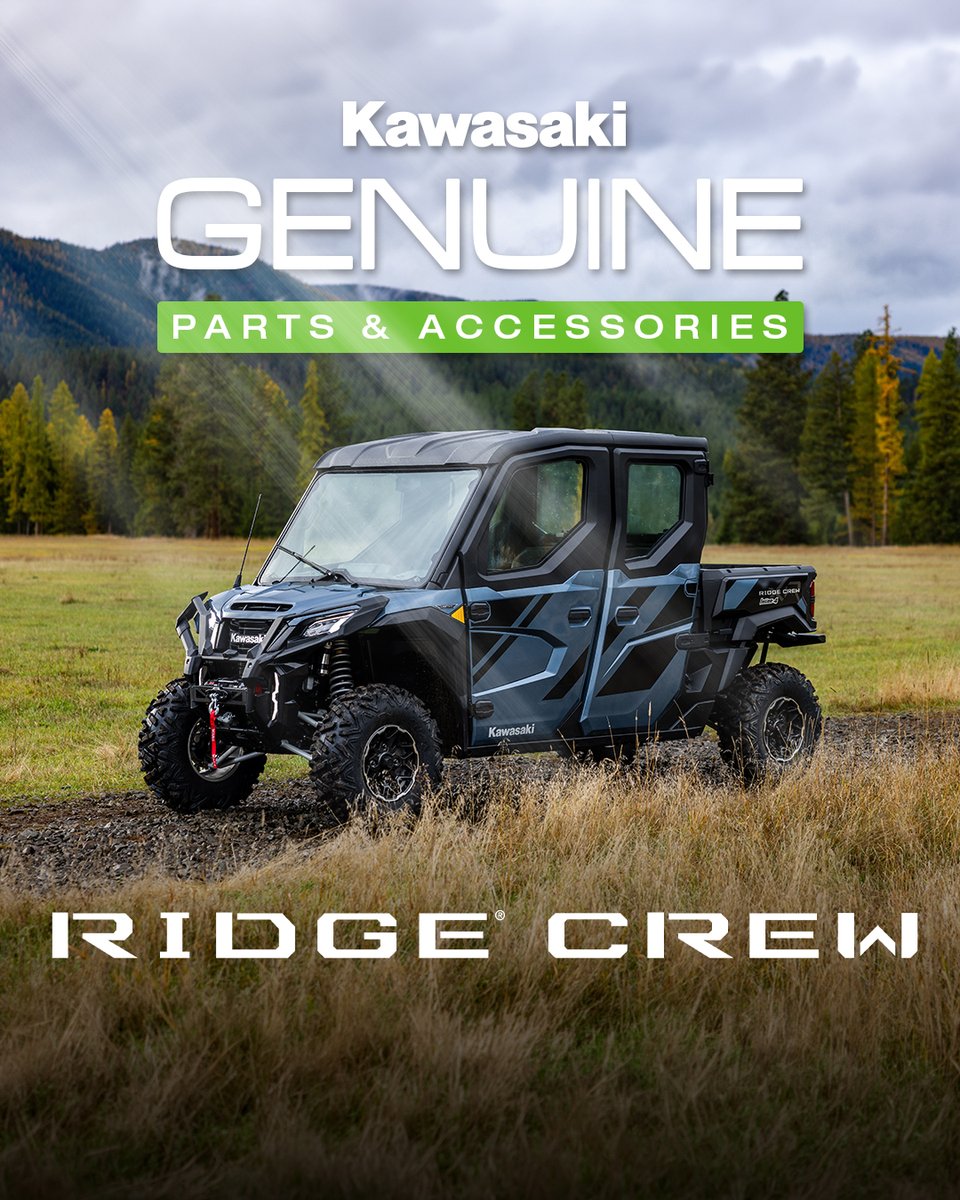 KawasakiUSA's tweet photo. #RIDGECREW side x sides are made to work. These purpose-built upgrades are built to match. 

🟢 Plow blade, 72" for clearing a path fast. 
🟢 KQR cargo bed multi-purpose rack helps you pack smarter. 
🟢 Premium side mirror set for a wider view all around. 
 #Kawasaki #GoodTimes https://t.co/riTyzF4uiz