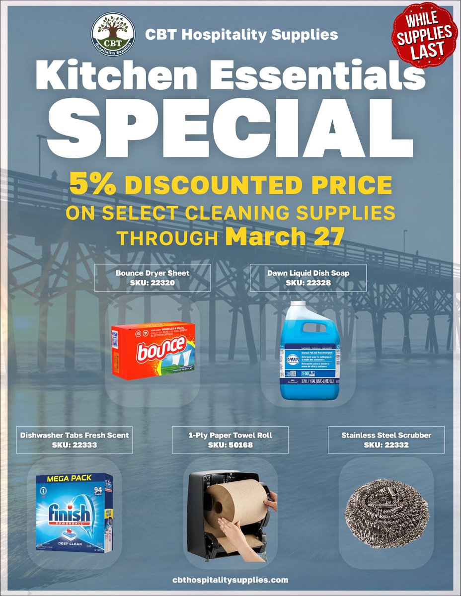 cbtmyrtlebeach's tweet photo. 🧹 Kitchen Essentials Special!

🚨5% OFF select cleaning supplies now through March 27.

Cleaning has never been easier with our high-quality dish detergent soaps, and housekeeping accessories.

🧽 Dishwashing Soaps
🔥 Stainless Steel Scrubber
◽ Bounce Dryer Sheets https://t.co/Rfn3FB8zXZ