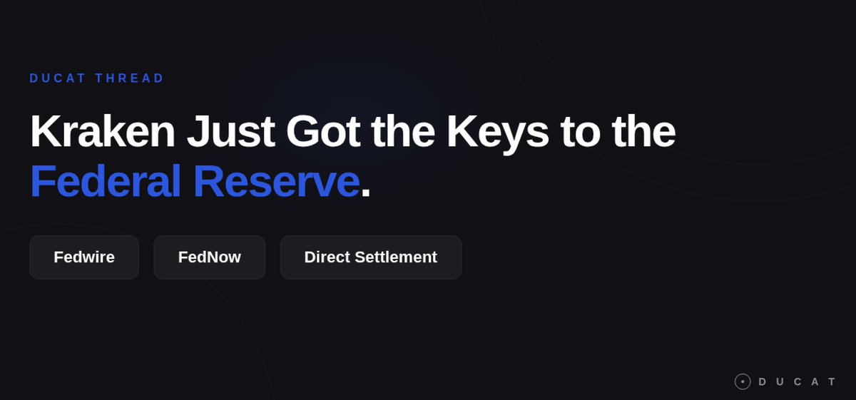 Ducatstable's tweet photo. Kraken just became the first crypto company in history to get a Federal Reserve master account.

Direct access to Fedwire &amp; FedNow. The same payment rails every bank in America uses.

Here's what it means. https://t.co/WBfHLnmjuV