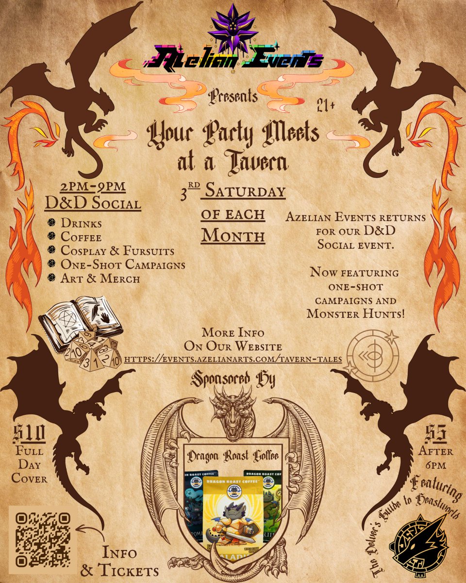 🏺The Traveling Tavern🏺

🔃Updates to our event:

🕰️When: 3rd Sat Each Month, 2pm-9pm - Next: Mar 21st
🧭New private location

☕Sponsoed by <a href="/DragonRoast/">Dragon Roast Coffee</a>
📖Featuring content from <a href="/TheDelversGuide/">Heartleaf Games is found in the Sky!</a>

Info &amp; Tickets
🎫events.azelianarts.com/tavern-tales

#dnd #coffee #tavern