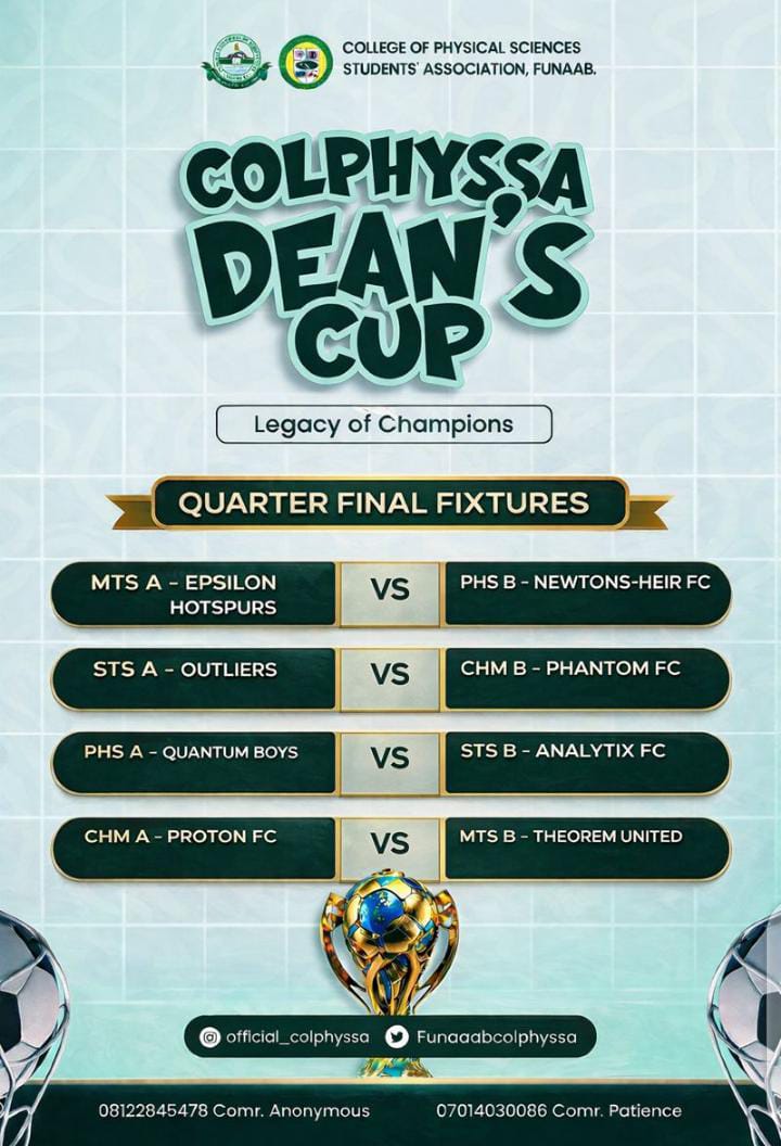 Pablo16Lord's tweet photo. 🏆 Quarter Final Fixtures Are Set!

The race for the COLPHYSSA Dean’s Cup – Legacy of Champions continues.

Eight teams. Four matches. One step closer to glory. ⚽

Presented by the Office of the Sports Director. https://t.co/3O0ACPOffQ