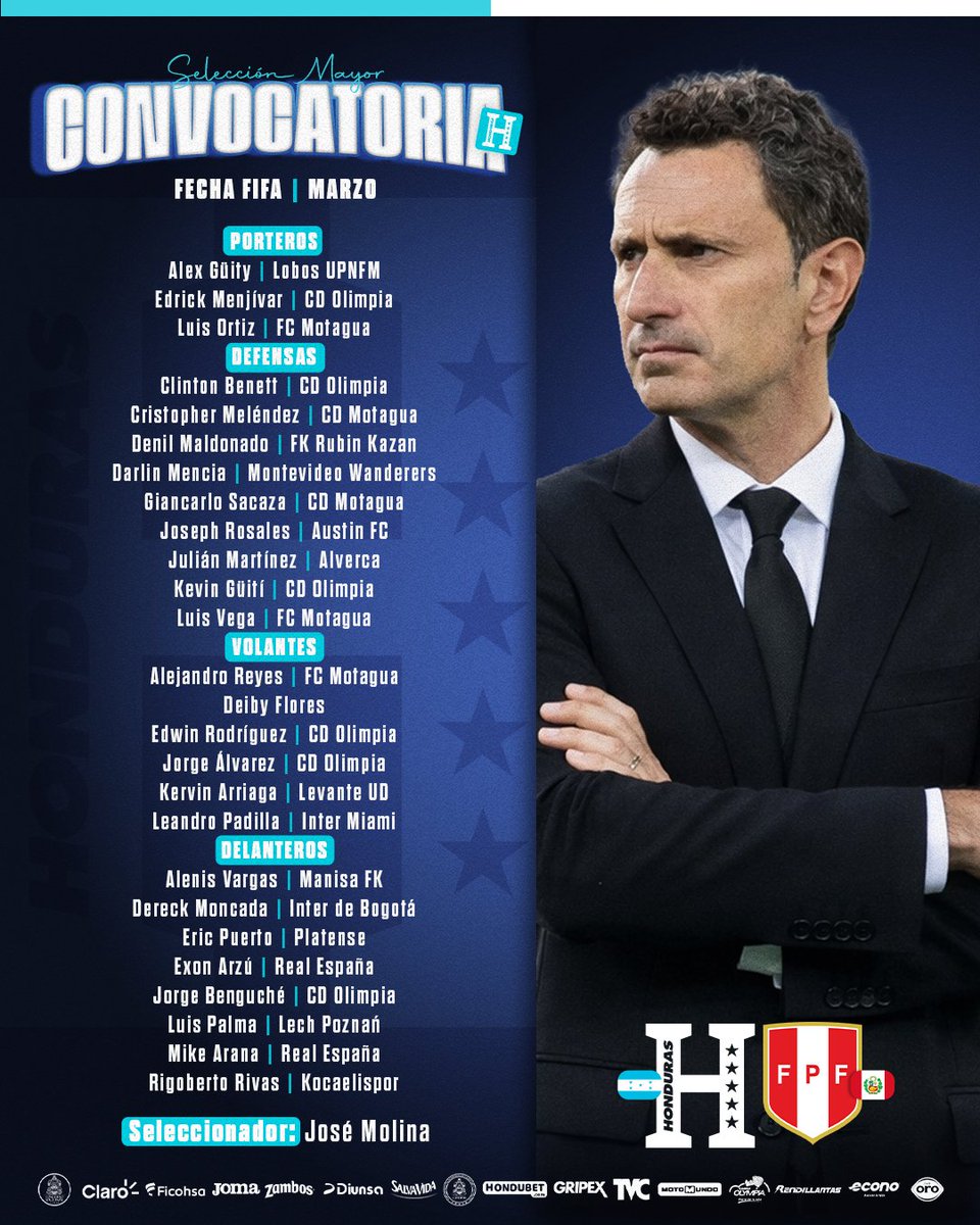 FFH_Honduras's tweet photo. ✅Convocatoria | Selección Nacional de Honduras 🇭🇳

🗒️El seleccionador nacional 👤José Molina presenta la convocatoria de la H para el amistoso internacional ante Perú 🇵🇪 este 31 de marzo en España, correspondiente a la Fecha FIFA de marzo, marcando el inicio de una nueva etapa en la Selección Nacional 🇭🇳.

Un nuevo camino, una nueva ilusión

#LaH #SeleccionNacional #FechaFIFA #Honduras