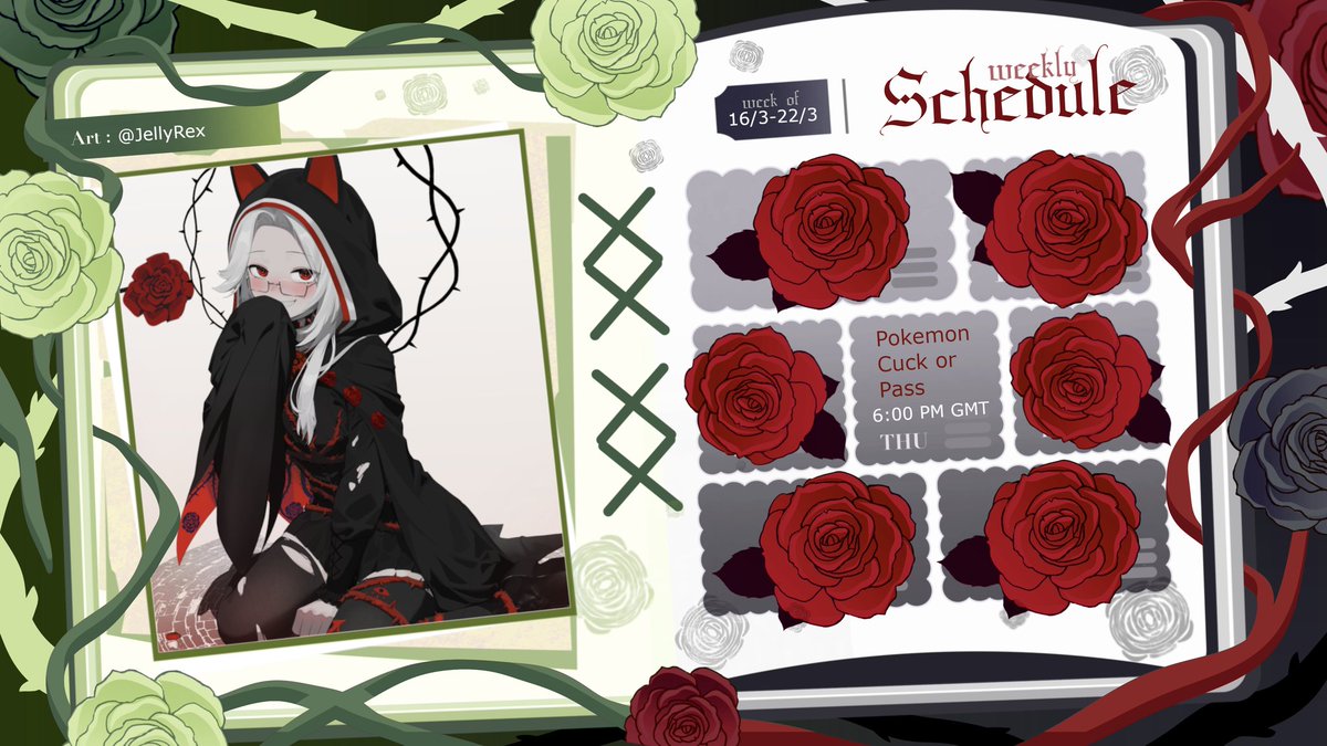 This weeks schedule!

I passed a sub goal on the model debut subathon and its finally time for the challenge! Cant wait to embarss myself on thursday