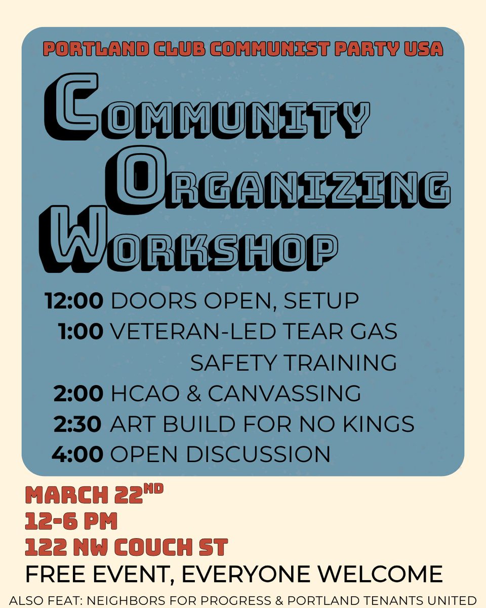 PortlandCPUSA's tweet photo. Join the Portland Club of the Communist Party on the 22nd of March from 12-6 at 122 NW Couch St for our second Community Organizing Workshop, fondly nicknamed COW! https://t.co/n1nEDMEihP