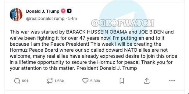 今天川普在真相社交上表示，是奥巴马和拜登发起了这场伊朗战争，我将结束这场战争，我是伟大的和平总统，而懦弱无能的北约盟友不会参与其中。

——又赢麻🤣🤣🤣